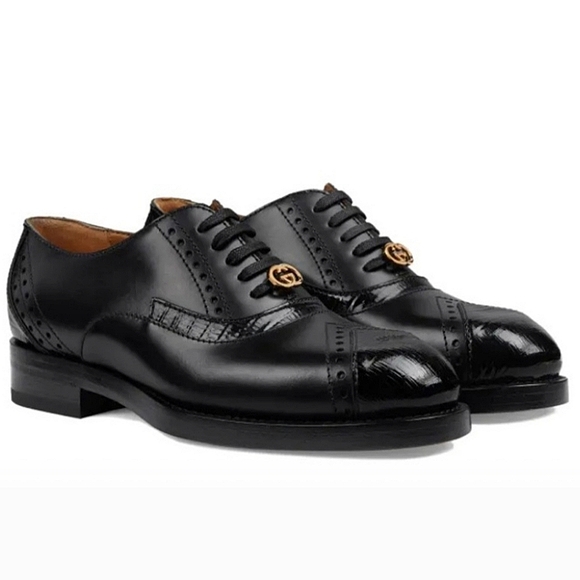 RARE Gucci Lace Up Black Leather Oxfords - Picture 1 of 12
